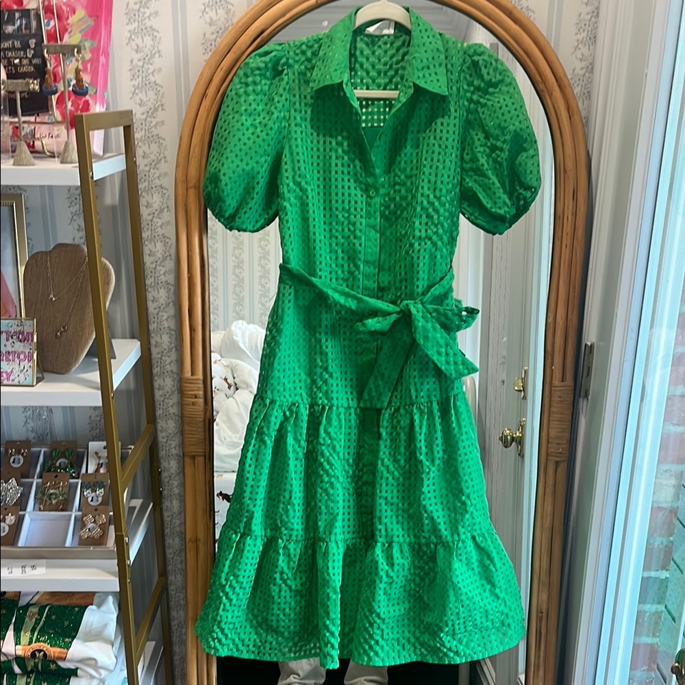 Green Puff Sleeve shirt Dress with Bow Tie